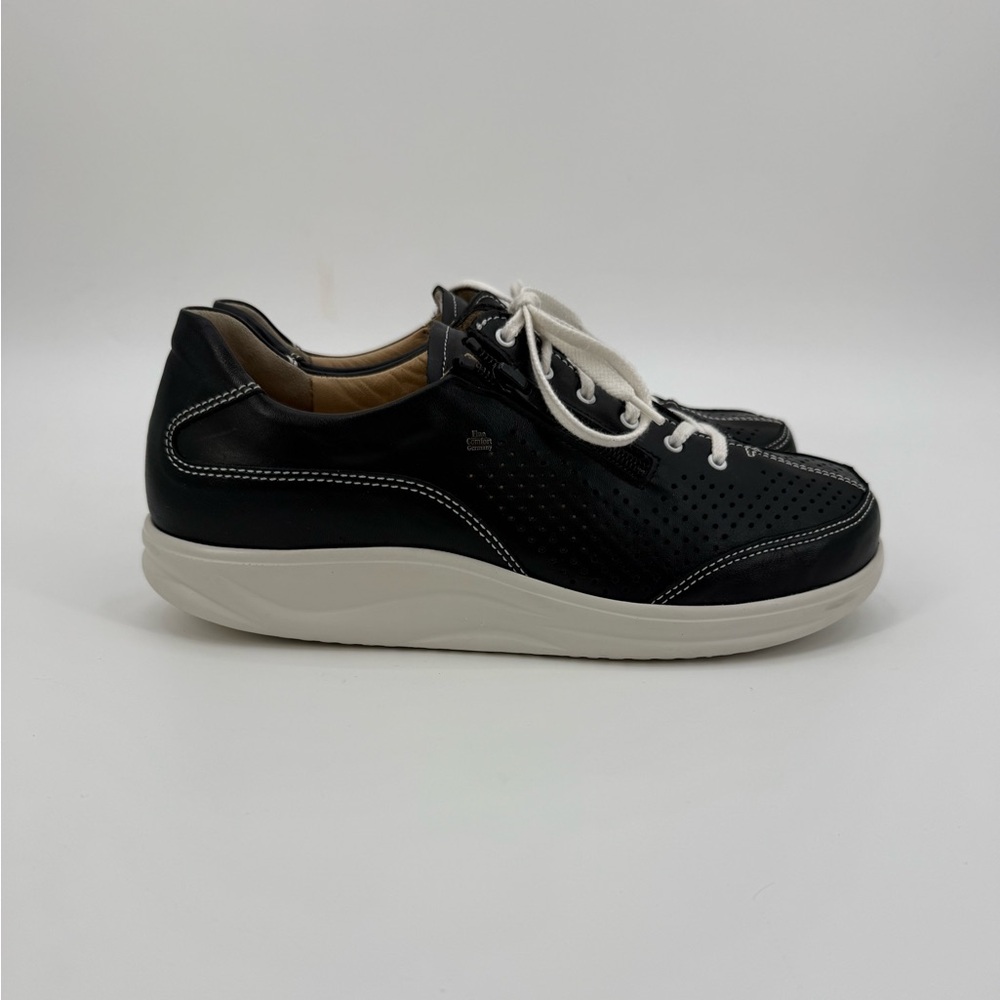 Finn Comfort Black Leather Sneakers Comfort Walking Shoes Lace-Up Perforated - Picture 13 of 16